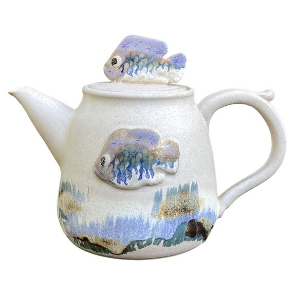 Art Pottery Teapot with Underwater Scene Fish Watercolor Effect Studio Signed - Picture 6 of 13